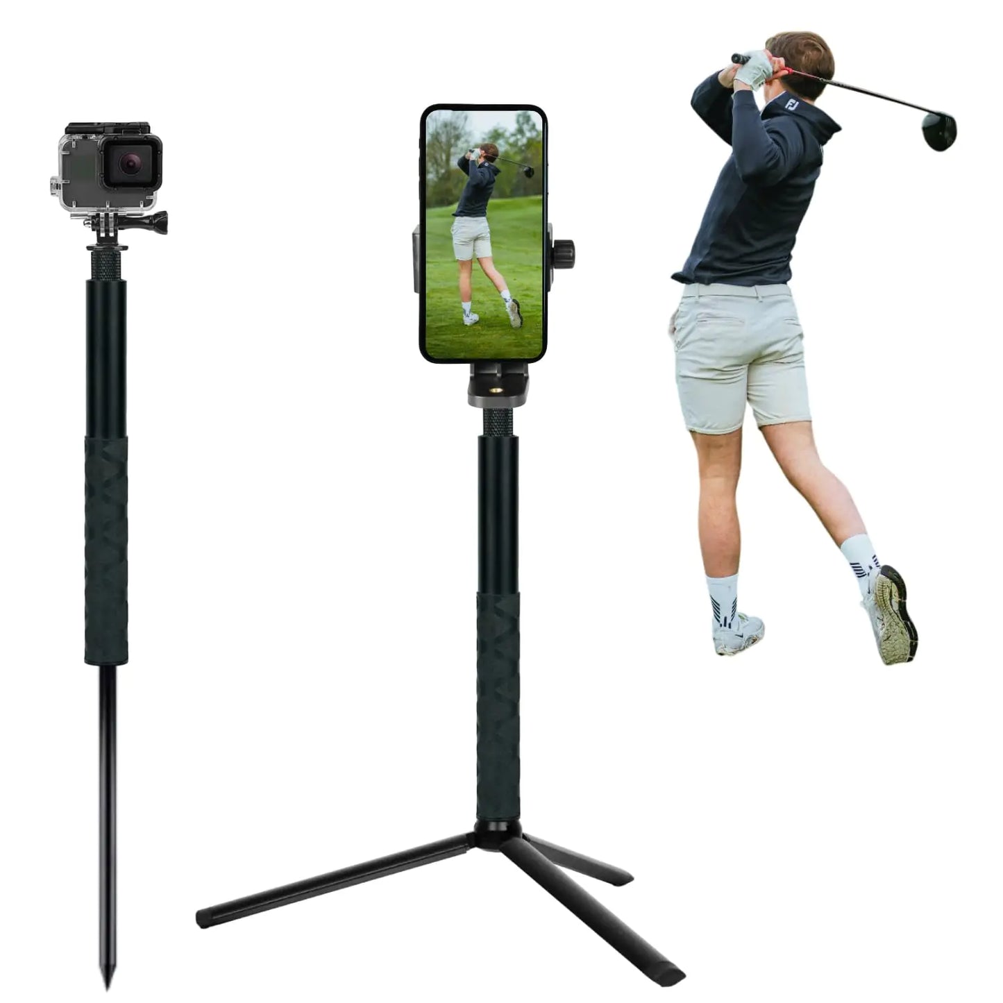 Golf Tripod and Monopod Selfie Stick with Ground Spike Stake Golf Swing Analyzer Phone Holder Golf Tripod Phone Holder Stake Stick for Recording Golf Swing Phone Tripod for Golf Swing Training Aid